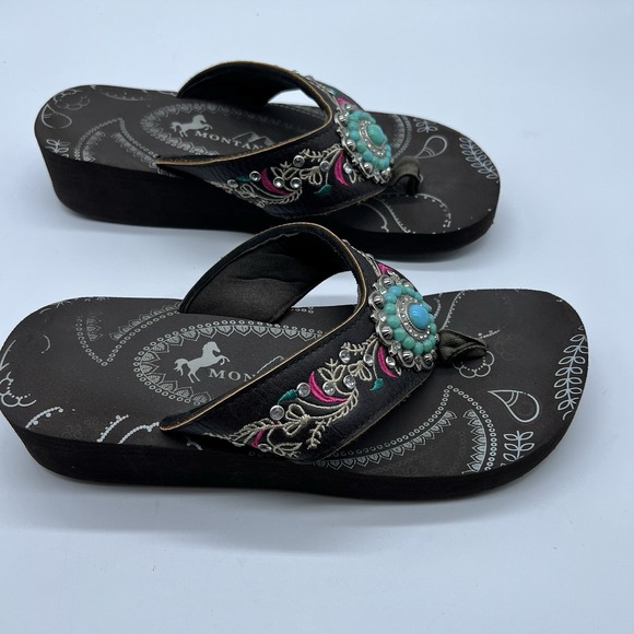 Montana West Flip-Flops Size 9 Brown Turquoise & Rhinestones Sandals - Picture 6 of 6